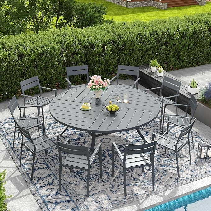 DIFY 11 Piece Outdoor Patio Dining Set for 10, 63" Round Dining Table with Umbrella Hole and Stackable Metal Chairs, Patio Table and Chairs Set for Backyard Garden Poolside, Grey
