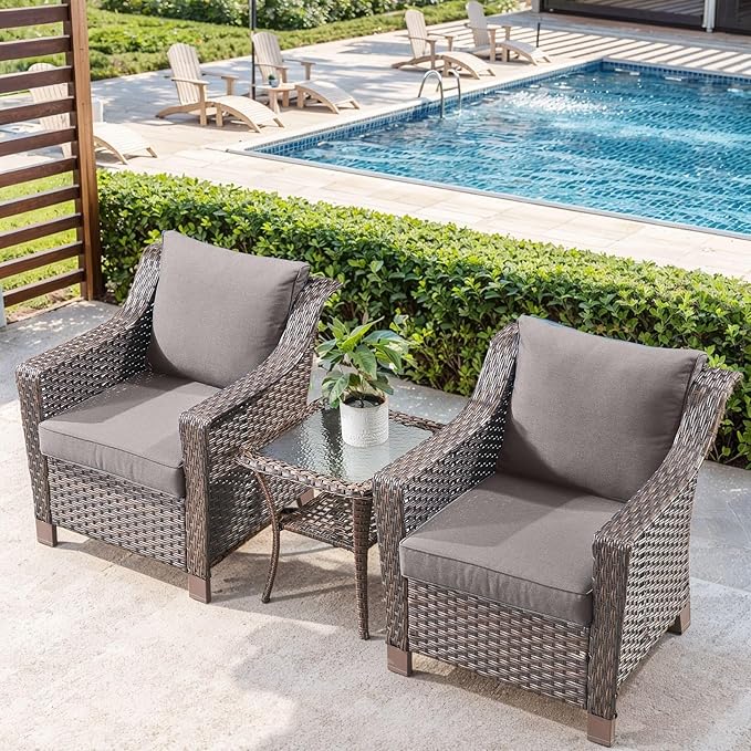 3 Pieces Patio Furniture Set-Wicker Patio Chairs Set of 2 with Tempered Glass End Table Outdoor Patio Chairs for Deck Balcony Poolside Backyard-Brown/Grey