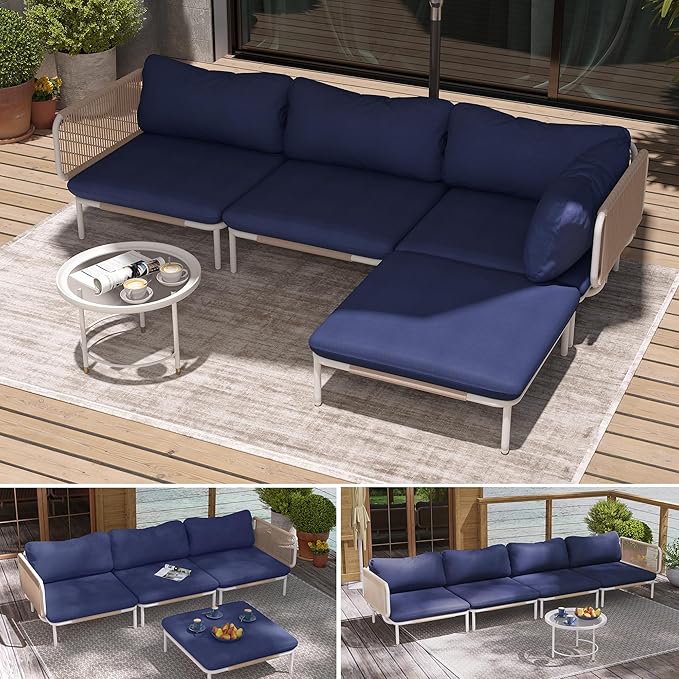 Patio Furniture Set, Outdoor Patio Furniture Oversized Metal Patio Sectional Sofa, 4-Seat Conversation Set with Cushion for Indoor and Outdoor,White Frame and Blue Mat