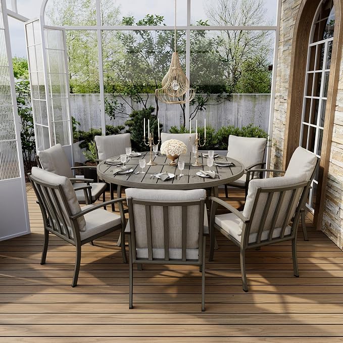 HAPPATIO Patio Dining Set, Aluminum Round Outdoor Dining Set for 8, 61" Round Table with Umbrella Hole and 8 Chairs, Outdoor Table and Chairs with Removable Cushion for Lawn Yard