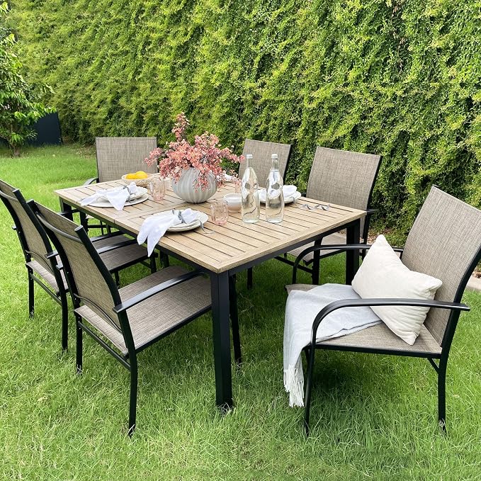 MIXPATIO 7 Pieces Patio Table and Chairs Set, Patio Dining Set for 6, 6 Textilene Chairs and 1 Wood-Like Rectangle Steel Table with Umbrella Hole, for Deck Backyard Lawn Poolside, Brown