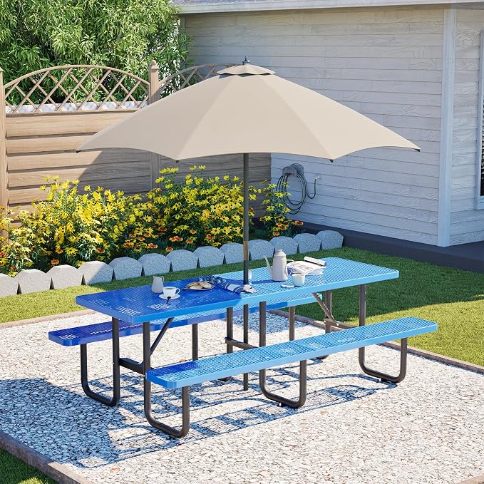 96" Heavy Duty Metal Picnic Table for 10 People, Outdoor Dining with Umbrella Hole, Galvanized Steel Rustproof Frame 882LBS Capacity, Mesh Top for Garden Patio Camping, Blue