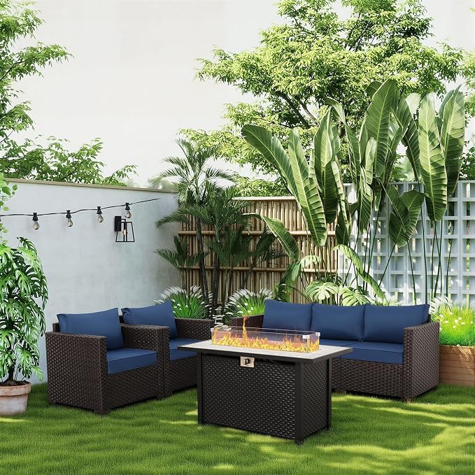 Rattan Star 4 Piece Patio Furniture Set 45 Inches Fire Pit Table Outdoor Furniture Sets Patio Couch Outdoor Chairs 50000 BTU Propane Fire Pit with No-Slip Cushions and Waterproof Covers, Navy Blue