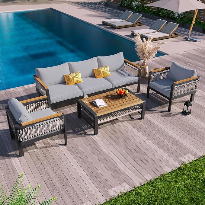 VilroCaz 4 Pieces Outdoor Sectional Sofa Set, All-Weather Patio Seating Group Cnversation Set with Cushions and Coffee Table for Patios Gardens Balcony, Sturdy Steel Frame (Grey+Metal & Wood)
