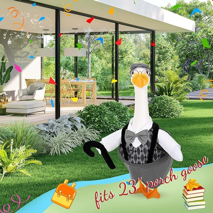 Old Man Goose Outfits Porch Goose Clothes Fits 23" Cement Plastic Goose Statue Grandpa Goose Outfit with Wig Glasses Pearl Necklace for School Outdoor Garden Lawn Yard Patio Art Decor (Style2)