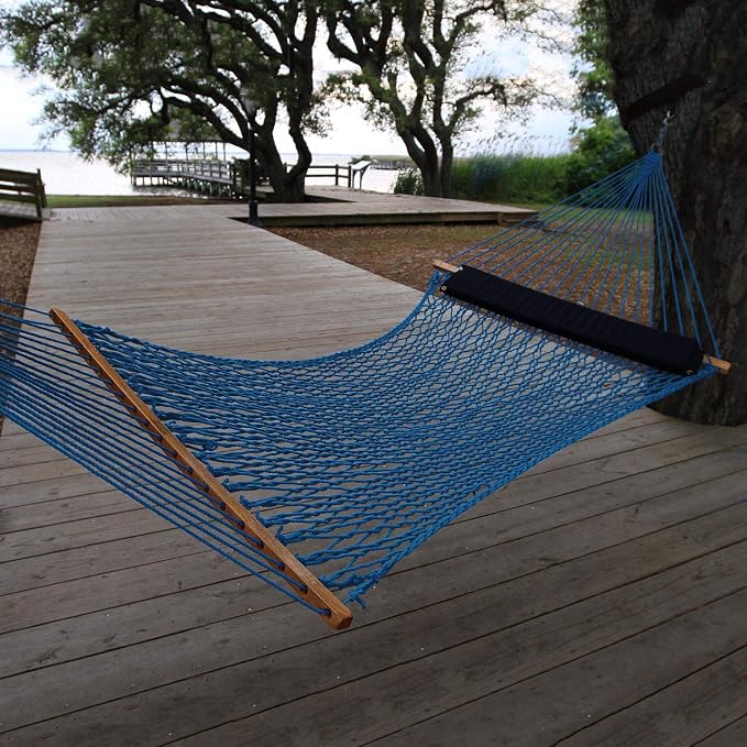 Nags Head Hammocks Captain Coastal Blue Duracord Rope Hammock with Free Extension Chains & Tree Hooks, Handcrafted in The USA, Accommodates 2 People, 450 LB Weight Capacity, 13 ft. x 55 in.