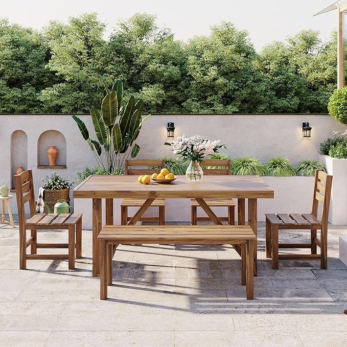 LUMISOL 6 Piece Patio Conversation Furniture Set, 6-Piece Outdoor Table Set with 4 Chairs and 1 Bench for 6 Persons, Acacia Wood Outdoor Table and Chair Set for Patio Balcony Backyard, Natural Wood