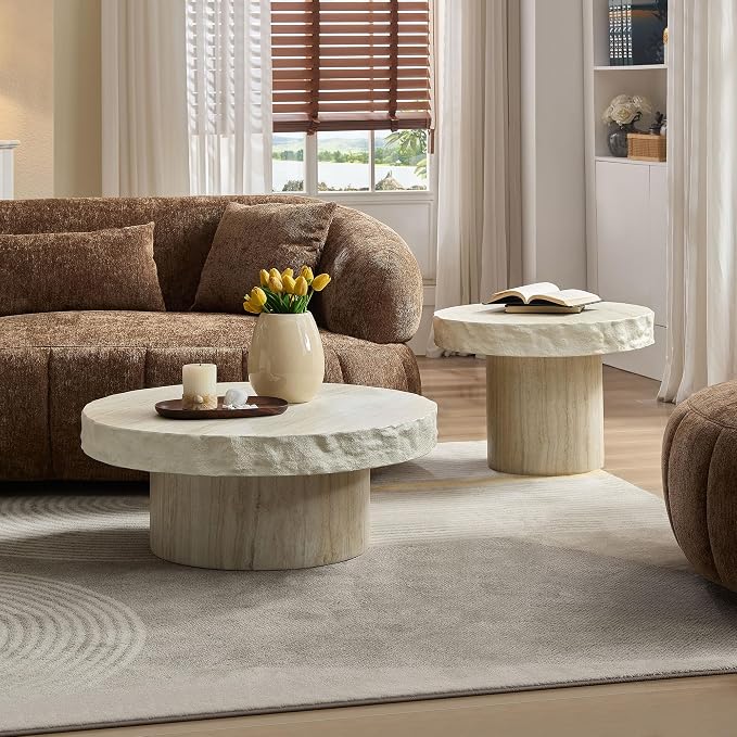 31.69" Travertine Coffee Table Round Faux Stone Coffee Table for Living Room, Modern Faux Marble Pattern Top with Wooden Pedestal Unique Center Tables, Magnesium Oxide, No Assembly,Beige