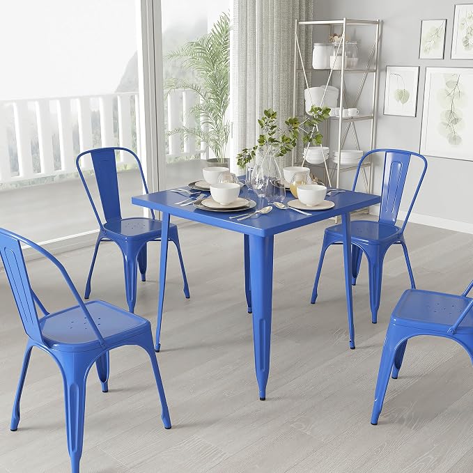 Merrick Lane Nash Indoor-Outdoor Dining Table Only - Blue Powder Coated Finish - 31.5" Square Top - 27.25" Wide Base - Bracing for Added Stability
