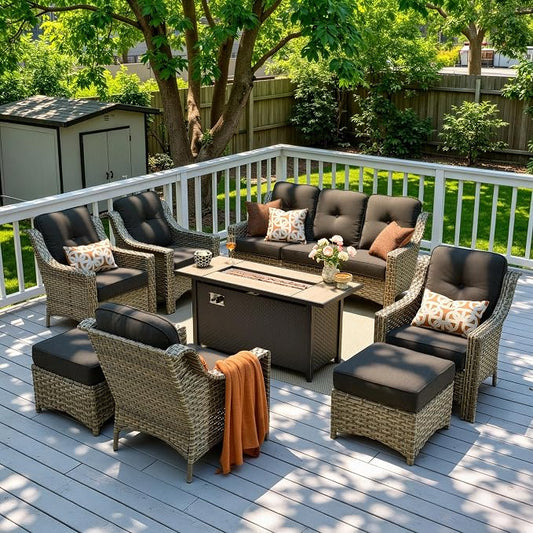 8 Piece Patio Furniture Set with Fire Pit Table, All Weather Wicker High Back Sofa Chairs Ottoman with Thick Cushion, Outdoor Conversation Sets for Large Backyard Deck Garden, Black