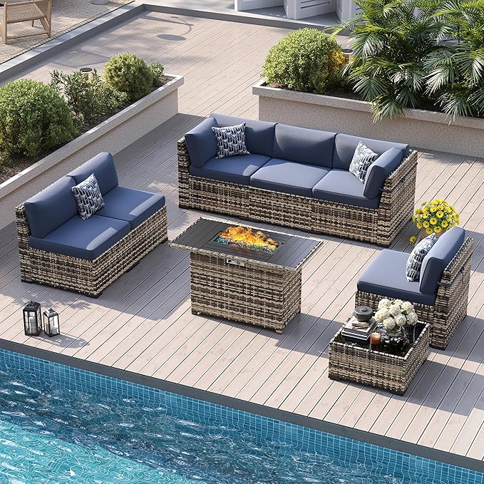 8-Piece Patio Furniture Set with 44” Fire Pit Table - All-Weather Wicker Conversation Sectional Sofa & Coffee Table with Thickened Cushions for Backyard, Garden(Navy Blue)