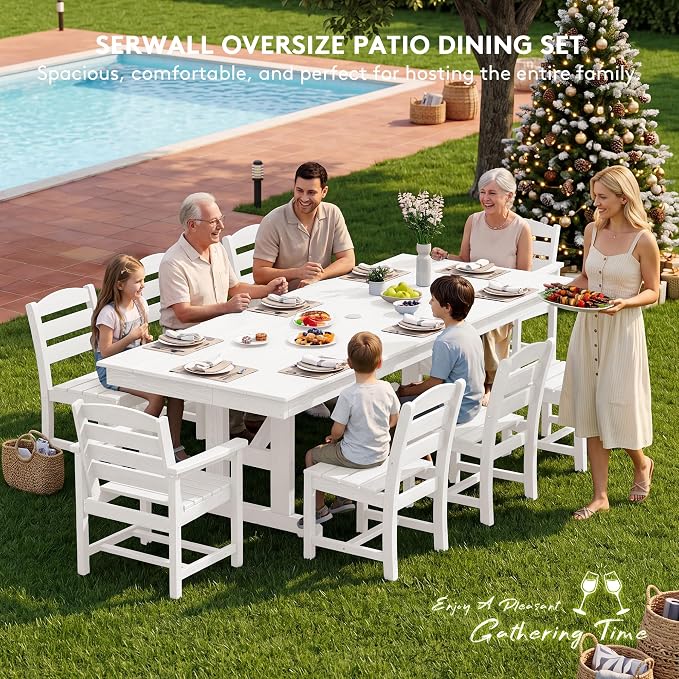 SERWALL 9 Piece Outdoor Dining Set, 84" HDPE Outdoor Table with 6 Armless Chairs and 2 Armchairs ，All Weather Patio Dining Furniture Set with Umbrella Hole for Backyard, Garden, White
