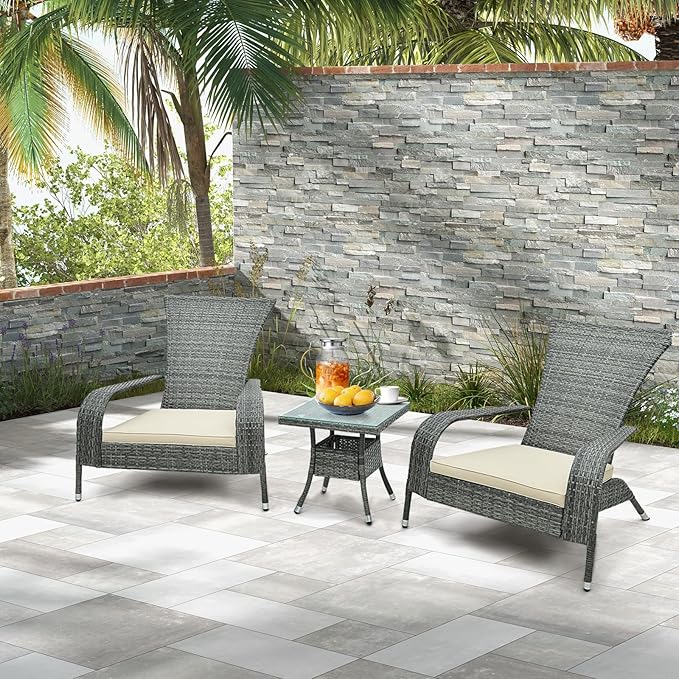 Tangkula 3-Piece Wicker Adirondack Set, Ergonomic Oversized Rattan Chairs w/Coffee Table, Comfy Seat Cushions, Tempered Glass Tabletop, Patio Conversation Set for Porch (Wicker, 3-pc)