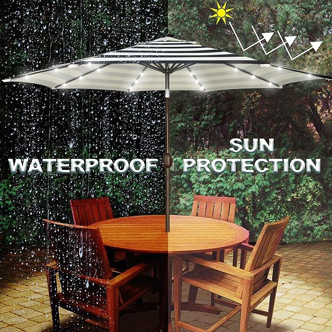 Blissun 9 ft Solar Umbrella, Patio Umbrella with 32 LED Lights, Table Market Umbrella, Outdoor Umbrella for Garden, Deck, Backyard, Black & Beige