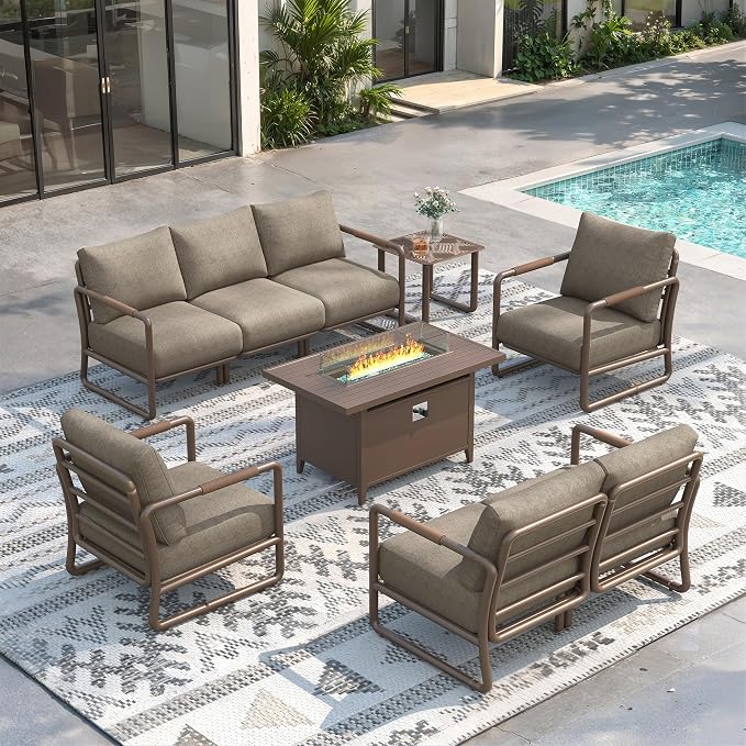 Outdoor Aluminum Patio Furniture Set with 43" Fire Pit Table,7-Seat Outdoor Conversation Set with 6.5" Thick Cushions & Coffee Table, All-Weather Patio Set for Backyard，Brown