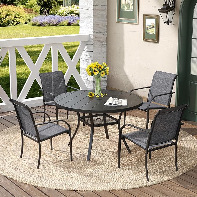 DIFY Patio Round Dining Table, 42" All Weather Round Outdoor Table with 1.57" Umbrella Hole for 4 Person, Perfect for Balcony Garden and Backyard, Black