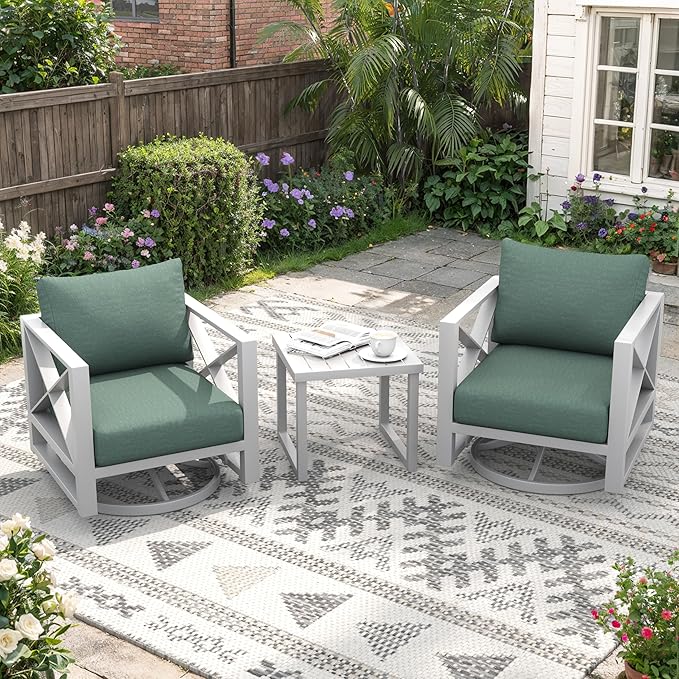 Aluminum Outdoor Furniture Set,2-Seats Outdoor Swivel Rocker Patio Chairs with 5.2" All-Weather Cushions and Coffee Table,3 PCS Patio Conversation Set for Deck, Porch, Garden (White)