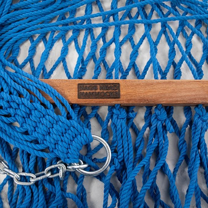 Nags Head Hammocks First Mate Coastal Blue DuraCord Rope Hammock – 12 ft. x 50 in., 450 lb Capacity, Cumaru Spreader Bar, Galvanized Hardware, Handcrafted in USA, Free Chains & Tree Hooks