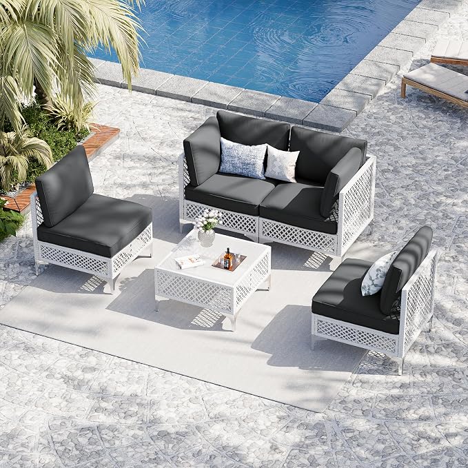 Vikiullf Patio Conversation Set, 5 Piece Outdoor Sectional Sofa Set with Coffee Table, White Wicker with Grey Cushions (White and Grey, 5 piece)