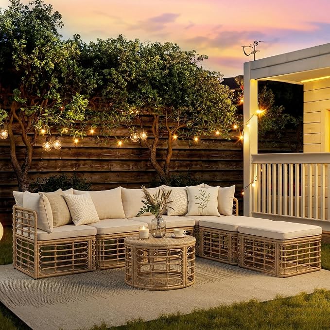LUMISOL 7 Piece Patio Furniture Set, All-Weather Rattan Sectional Sofa Set with Thick Cushions and Pillows, Freely Combined Conversation Sets for Garden, Backyard, Balcony, Beige