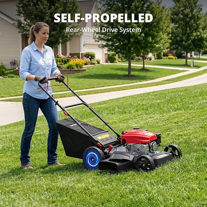 AMERISUN 21" Gas Lawn Mower, Self-propelled Lawn Mower 3-in-1, 170cc OHV Engine with Forced Air Cooling, 6 Cutting Heights, 1.4-Bushel Grass Catcher