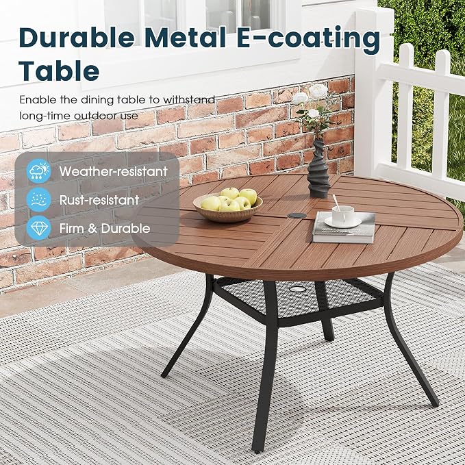 Patio Dining Table for 4, Round Metal Outdoor Table with Storage Shelf, 1.57" Umbrella Hole, 41" Outdoor Quartered Tabletop Dining Table for Backyard, Porch, Lawn, Walnut