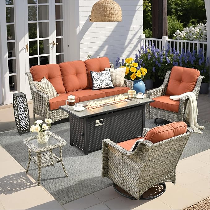 HOOOWOOO Patio Furniture Set,5 Pieces Wicker Outdoor Furniture,High Back Conversation Set with All Weather Resistant Fire Pit Table Couch Swivel Chairs,Orange Red