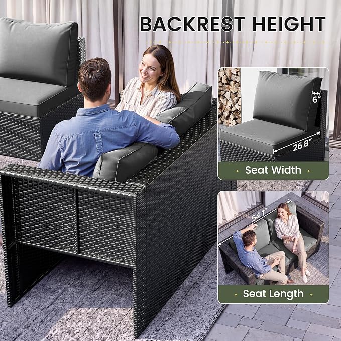 Amopatio Patio Furniture Set,All-Weather Wicker Outdoor Conversation Sofa Set with Glass Coffee Table, Cushions & Ottomans for Deck Backyard Porch Lawn Black/Dark Grey