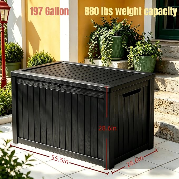 MAKINO 197 Gallon Large Resin Outdoor Storage Box, Waterproof Deck Box, Lockable Deck Container with Reinforced Support, Outdoor Chest for Patio Accessories, Outdoor Cushions, Garden Tools, Black
