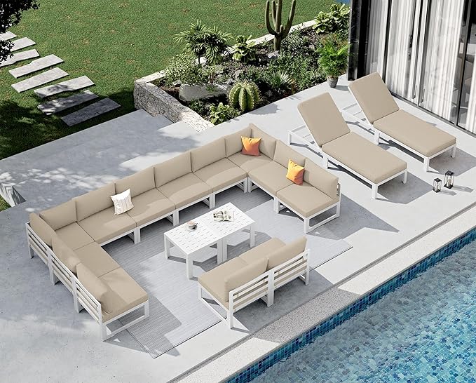 NICESOUL 14 People Large Luxury Aluminum Patio Conversation Set with Chaise & Side Table, 29" Deep Wide Modular Sectional Couch, 500 lbs Heavy Duty All Weather Outdoor Sofa for Poolside Deck, Beige