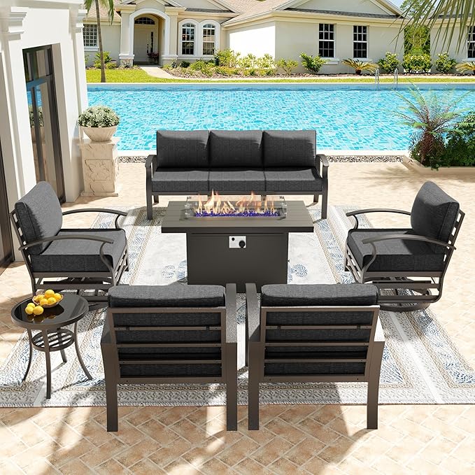 Kullavik Aluminum Patio Furniture Set,7 Pieces 7 Seat Metal Outdoor Furniture Conversation Set w/45 Propane Gas Fire Pit,Swivel Rocking Chairs Set,Black