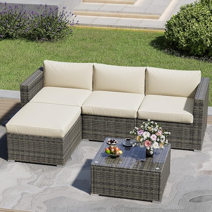 May in Color 5 Piece Outdoor Patio Sectional Furniture Set, Weather Resistant Rattan Outside Couch, Waterproof Conversation Sofa for Balcony, Porch, Backyard, Deck, Garden,Beige