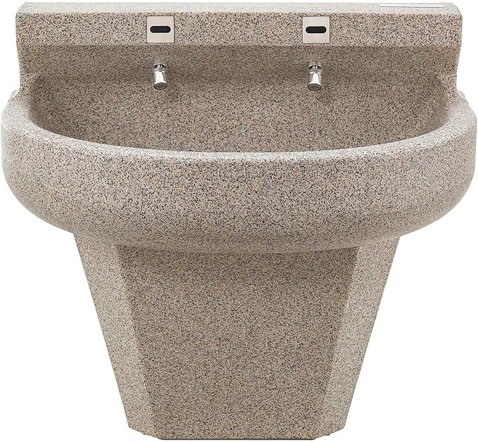 Global Industrial Wall Mounted Wash Fountain with 6" D Basin, Sensor-Operated, 2 Station, 0.58 Gallons/Minute, Semi-Circular, 27-1/2"W x 18" D x 25-3/8"H