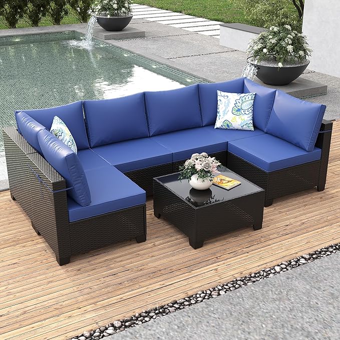 Peacabo7 Pieces Patio Furniture Set, Outdoor Sectional Rattan Sofa Set, Wicker Patio Conversation Set with Cushions and Glass Coffee Table, for Balcony, Porch, Garden, Coffee and Blue