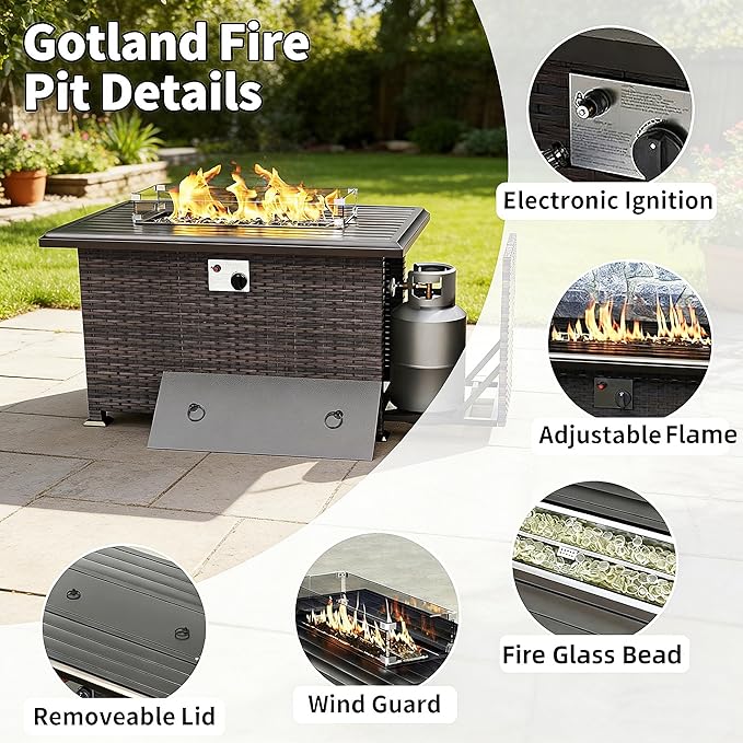 Gotland 8 Pieces Patio Furniture Set with Fire Pit Table, All Weather Rattan Outdoor Furniture with 29.5'' High Backrest 4’’ Thick Cushions Coffee Table, Outdoor Sectional for Porch, Deck, Navy