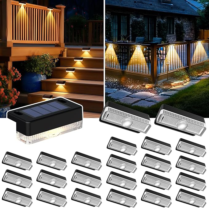 AUDERWIN Solar Deck Lights Outdoor 24 Packs, Solar Powered LED Step Lights Waterproof Outdoor for Deck, Stairs, Step, Fence, Wall, Patio, Yard, Pool and Pathway (Warm White)