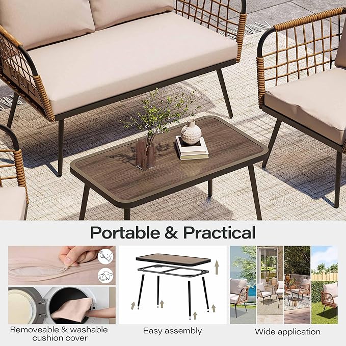 LAUSAINT HOME 4 Pieces Outdoor Patio Furniture Set, Rattan Balcony Furniture with Coffee Table, Patio Conversation Set with Soft Cushions for Patio, Porch, Balcony and Backyard