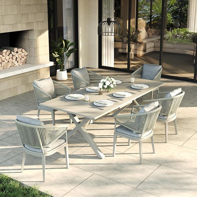 LayinSun 7 Piece Outdoor Dining Table Set, Aluminum Modern Rectangular Dining Table and All-Weather Wicker Chairs Set for Patio Deck Indoor Decor Kitchen