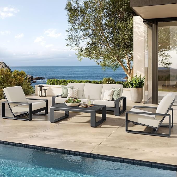 Modway Lirienne Aluminum 4-Piece Outdoor Furniture Set in Cream – Patio Conversation Set with 3-Seater Sofa, 2 Armchairs & Coffee Table