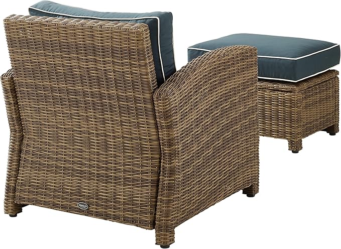 Crosley Furniture Bradenton 2-Piece Outdoor Chair and Ottoman Set, Wicker Patio Conversation Sets for Porch, Brown with Navy Cushions
