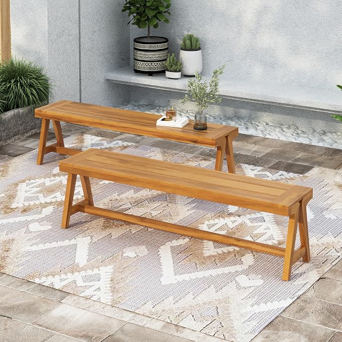 70.75'' Outdoor Patio Dining Table & 2 Bench for 4, Acacia Wood Farmhouse Dining Table Set Outdoor & Indoor Furniture for Patio Porch Garden, 3-Pcs, Teak