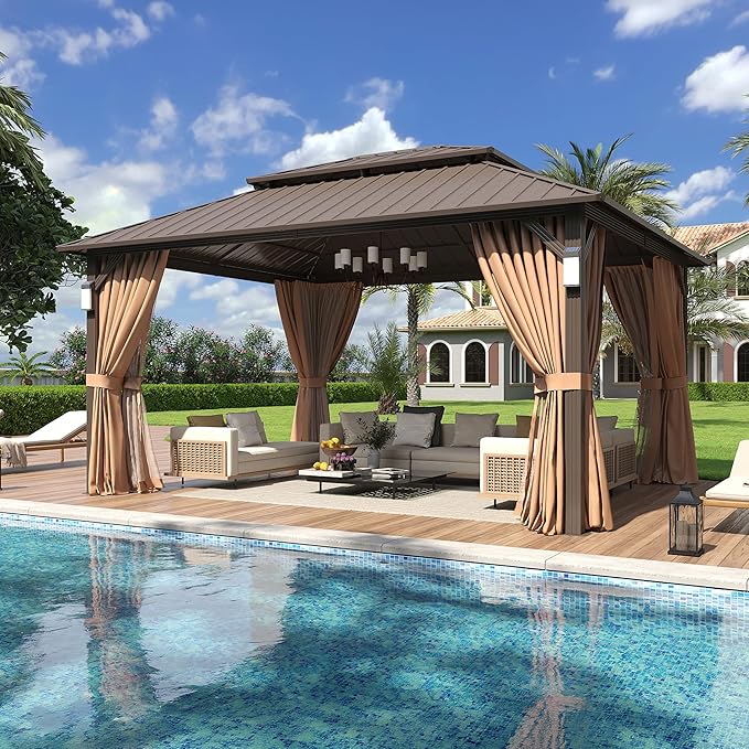 Aoxun 14'x12' Hardtop Gazebo with 4 LED Lights, Outdoor Gazebo with Galvanized Steel Double Roof, Patio Gazebo with Breathable Netting & Privacy Curtain, Decor Hooks for Backyard, Brown