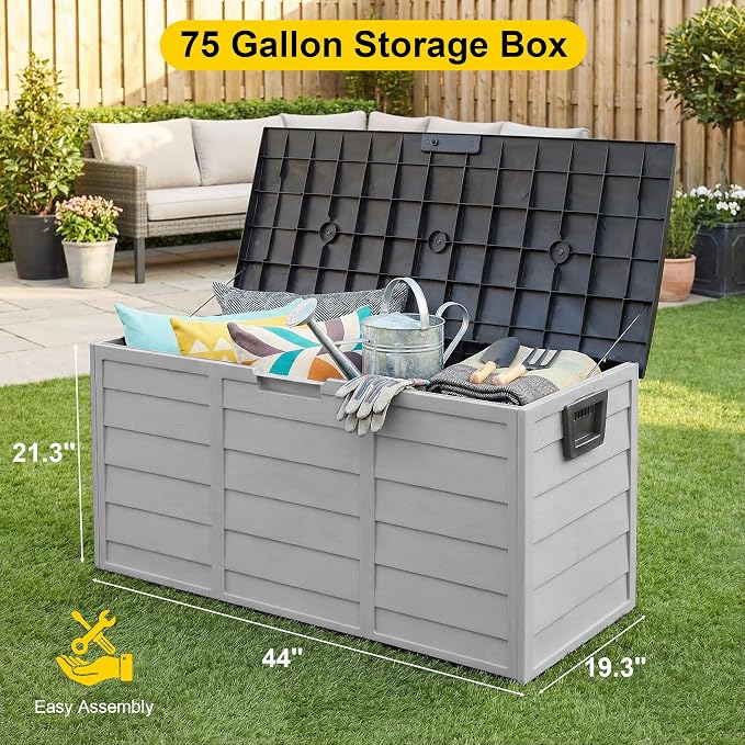 75 Gallon Resin Deck Box, Waterproof Anti-UV Lockable Outdoor Storage Bin for Patio Furniture Garden Tools, Heavy Duty Indoor Package Delivery Deck Boxes for Pillows Pool Cushions, Gray