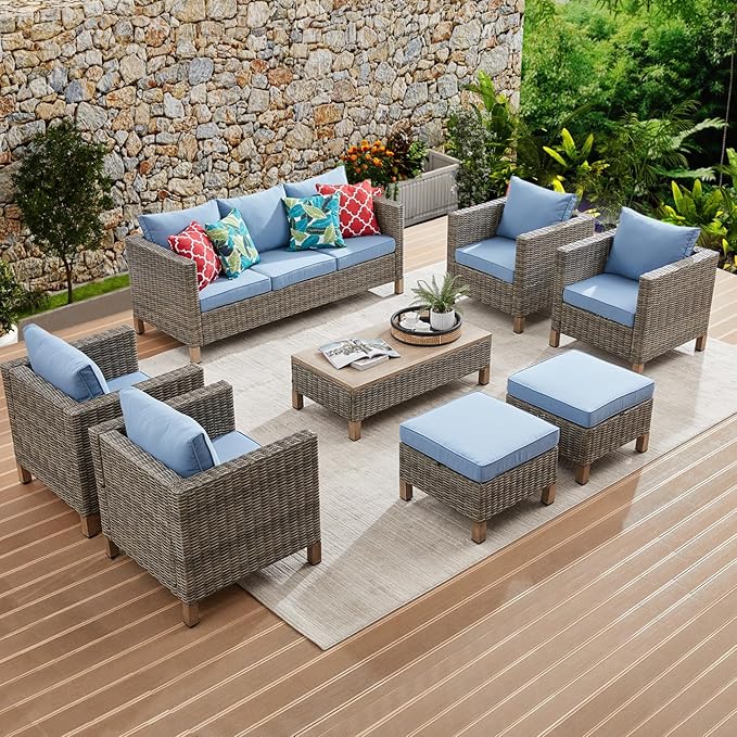 8 Pieces Patio Furniture Sets with Metal Top Coffee Table, All Weather Wicker Rattan Sectional Sofa Outdoor Furniture Conversation Set for Porch, Poolside, Garden, Backyard. (Blue)
