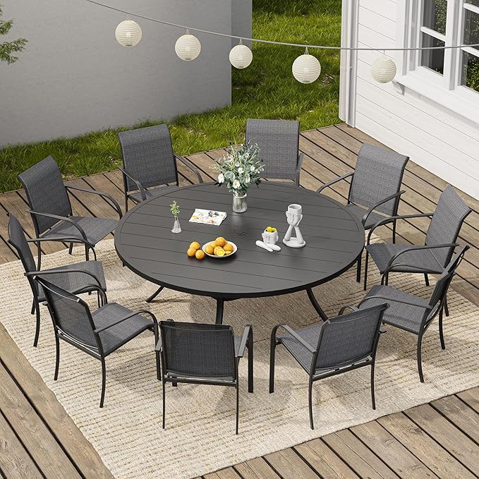 VICLLAX Round Outdoor Dining Set, Patio Table and Chairs Set Set of 10 Patio Stackable Chairs and 63" Outdoor Round Table with Umbrella Hole for Backyard Lawn Garden, Dark Grey Chairs and Black Table