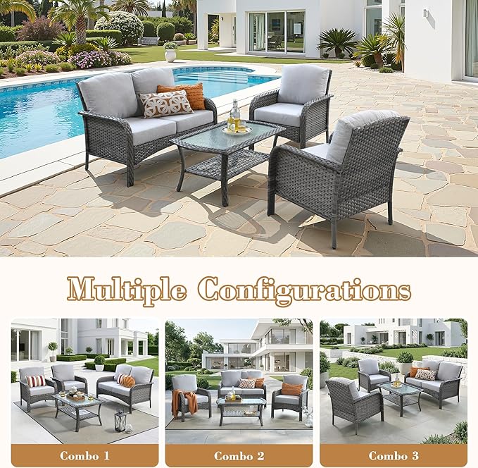 4 Pieces Patio Furniture Set, Small Outdoor Patio Set with Coffee Table, All-Weather Rattan Wicker High Back Conversation Set Loveseat with Chairs for Porch, Backyard, Balcony, Grey