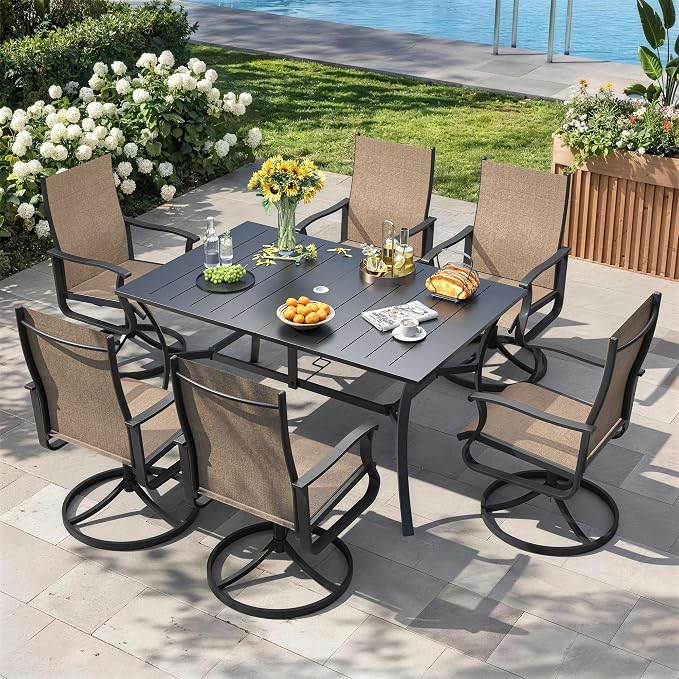 7 Pieces Patio Dining Set, Patio Outdoor Furniture Set of 6 Patio Swivel Dining Chairs and Patio Spliced Rectangular Tabletop with Umbrella Hole, for Deck, Backyard, Poolside & Garden
