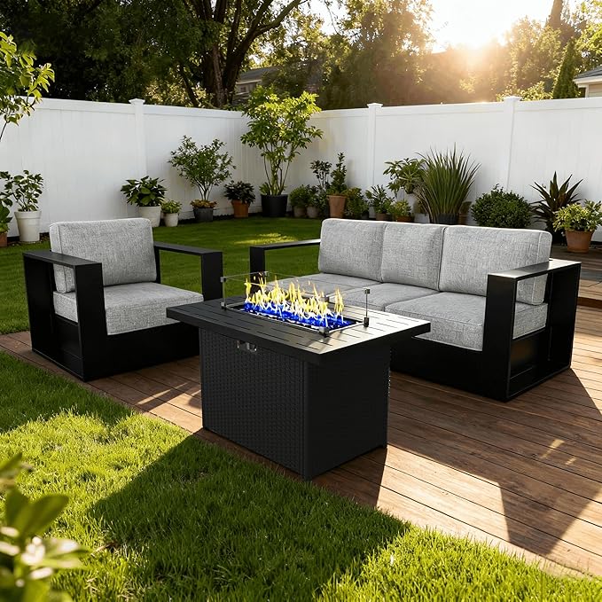 3 Pieces Patio Furniture Set with Fire Pit Table, Metal Modern Conversation Set with Deep Seating and Widened Aluminum Frame for Deck, Porch, Garden
