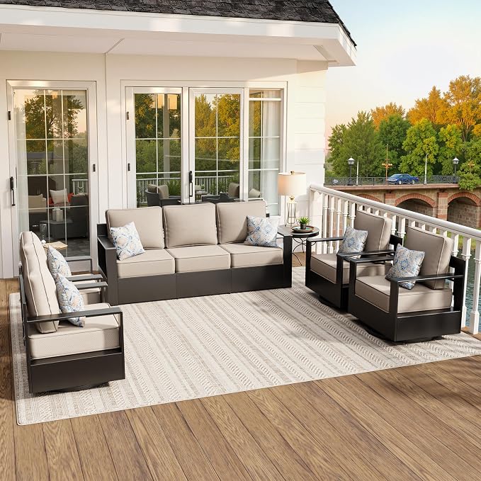 Aluminum Outdoor Conversation Furniture Set - All Weather Patio 79" Sofa with 4 Swivel Rocker Chairs, 6" Water-Resistant Cushions & Furniture Covers & Metal Armrest for Backyard (Beige)