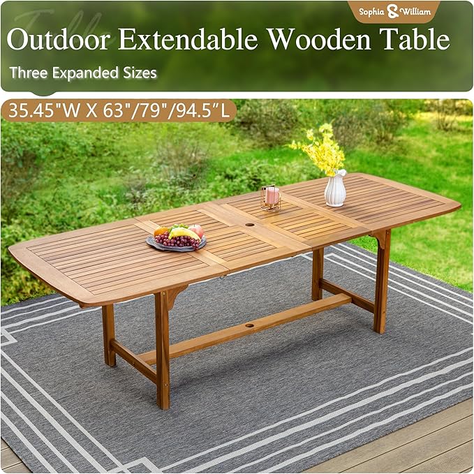 Sophia & William Patio Outdoor Table and Chairs Set, Patio Dining Sets for 8, 9 Pieces Patio Table Set for Backyard Deck Porch Outside, Acacia Wood Table Expandable with Hole and Chairs